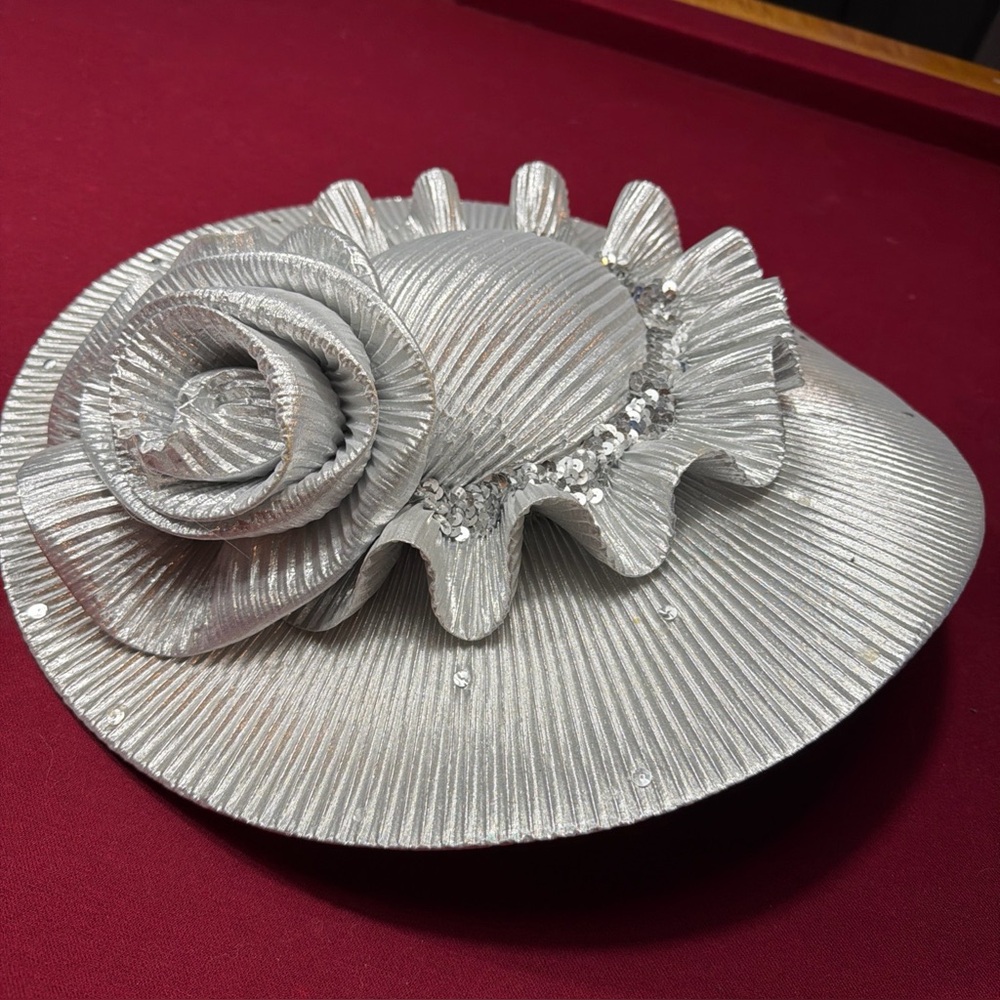 SILVER Shiny METALLIC ruffle ROSE Round HAT, Fits 21” GAWDY wedding Derby Dressy